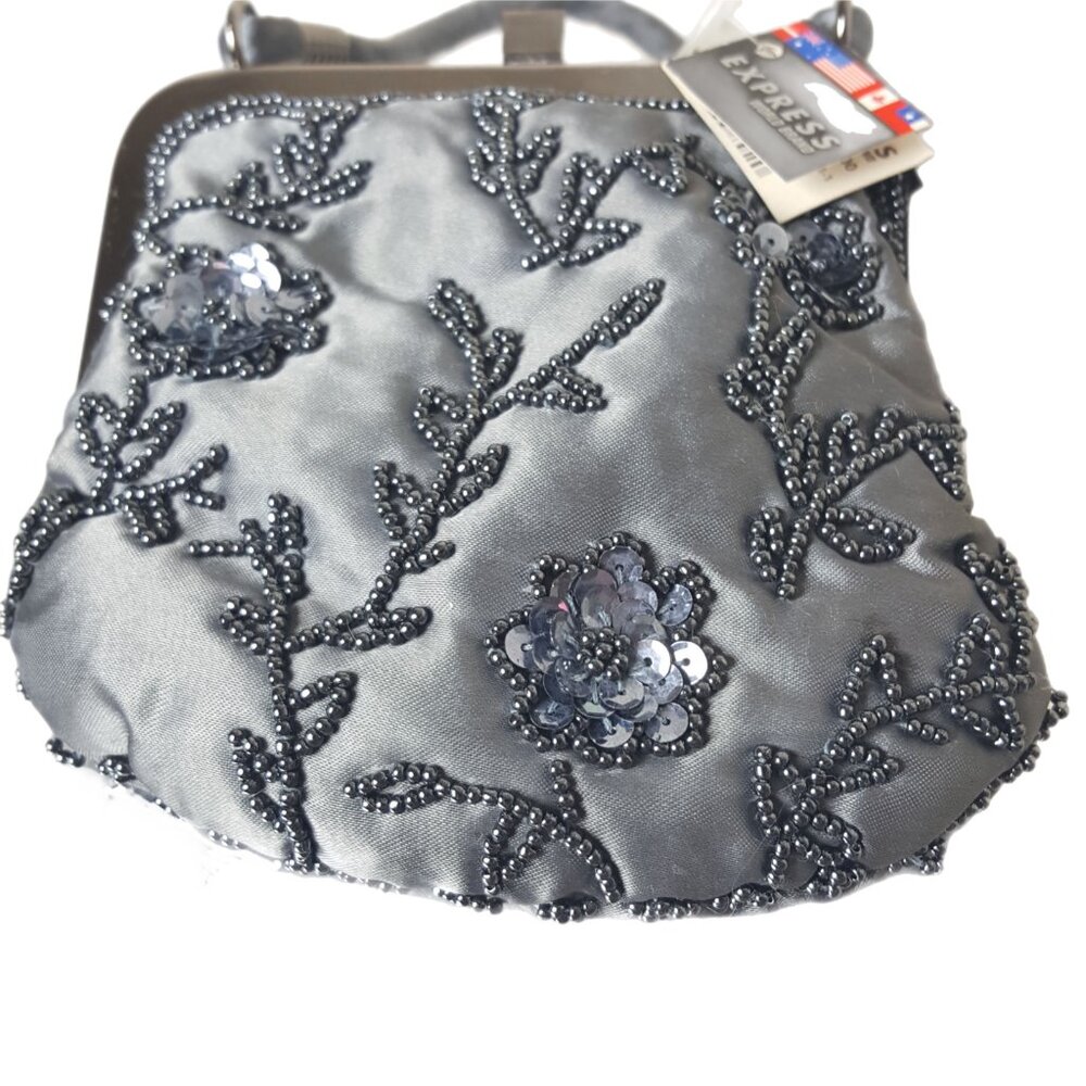 Vintage Y2K Express Beaded Satin Evening Bag NWT Gray Floral Mini Purse - Picture 5 of 9